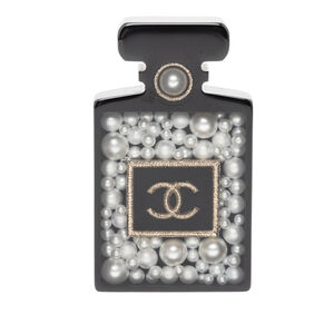 Pre-Loved Chanel CC Resin and Faux Pearl Perfume Bottle Pin Brooch